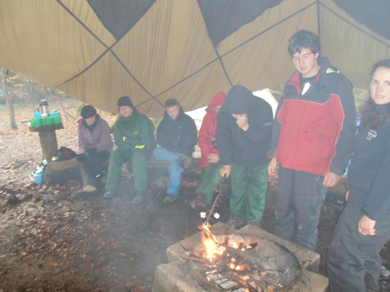 Becky, Nick, Andrew, James &amp; Oli, coping with the smoke whilst cooking the marshmallows&amp; Rebecca looking on